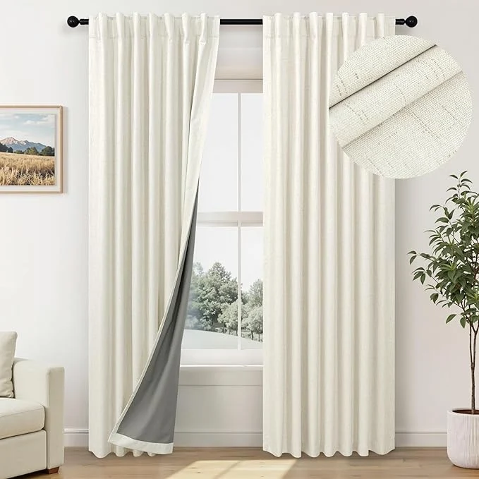 Solid Bedroom Blackout Curtains 68 Inch Length 2 Panel Set Natural Linen Textured Effective