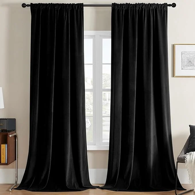 Crafted Joydeco Black Velvet Curtains 96 inch Length 2 Panels Luxury Blackout Rod Traditional