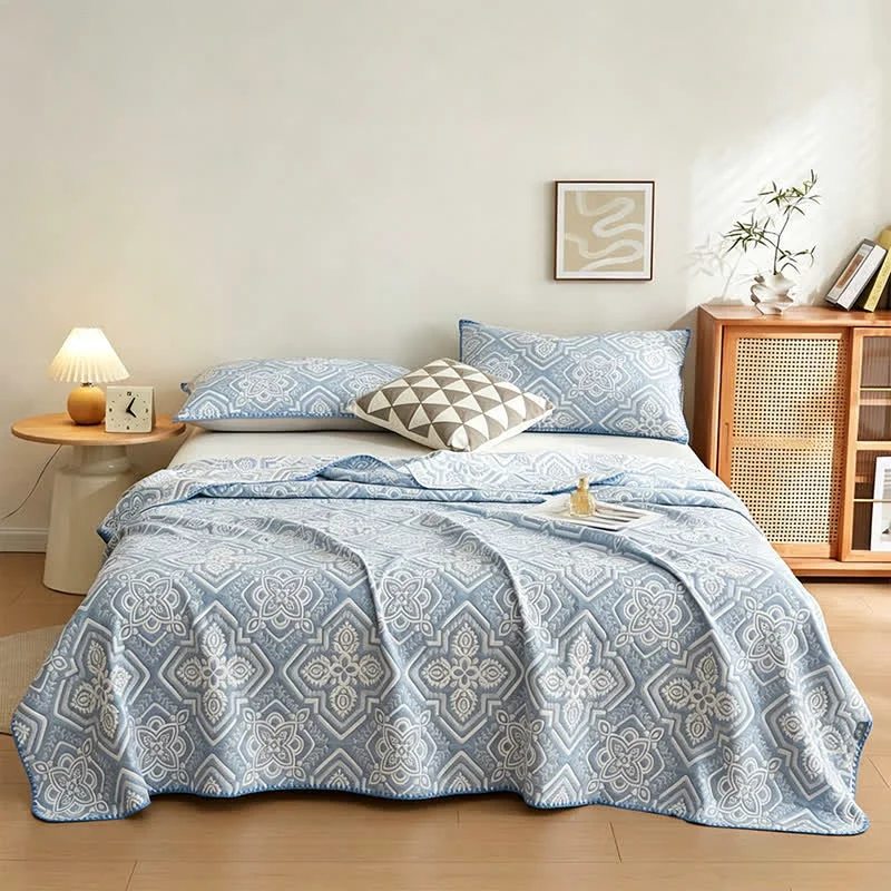 Functional Ownkoti Mediterranean Tile Cotton Muslin Blanket Quilt Optimized