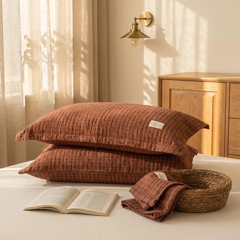 Crafted Ownkoti Vintage Grid Double Gauze Cotton Pillow Cover Pure