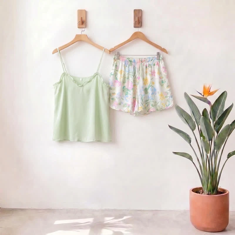 Optimized Ownkoti Mint Satin Ruffle Cami and Floral Shorts Loungewear Set Effective