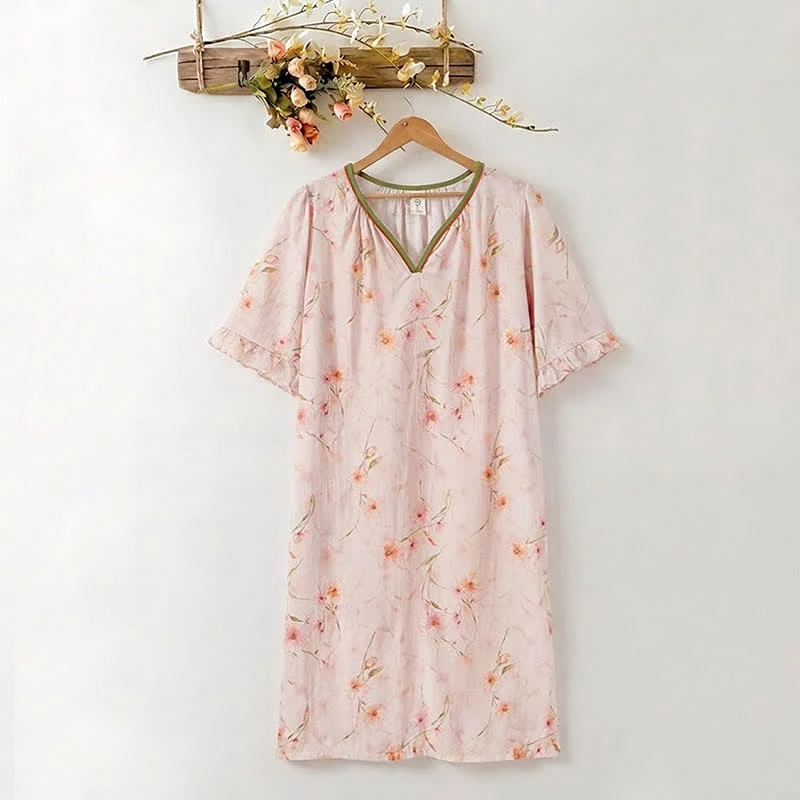 Effective Ownkoti Floral Lyocell V Neck Ruffle Sleeve Lounge Dress Practical