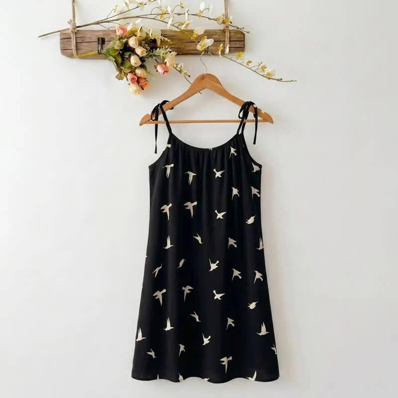 Stylish Ownkoti Bird Print Cotton Tie Strap Lounge Dress Efficient
