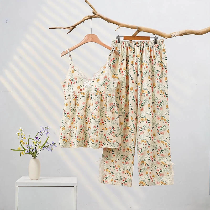 Easy-to-Use Ownkoti Romantic Floral Cami and Ankle Pants Lounge Set Green