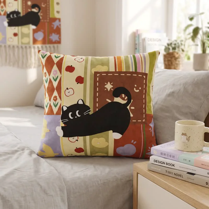 Efficient Ownkoti Whimsical Black Cat Patchwork Decorative Throw Pillow Organic