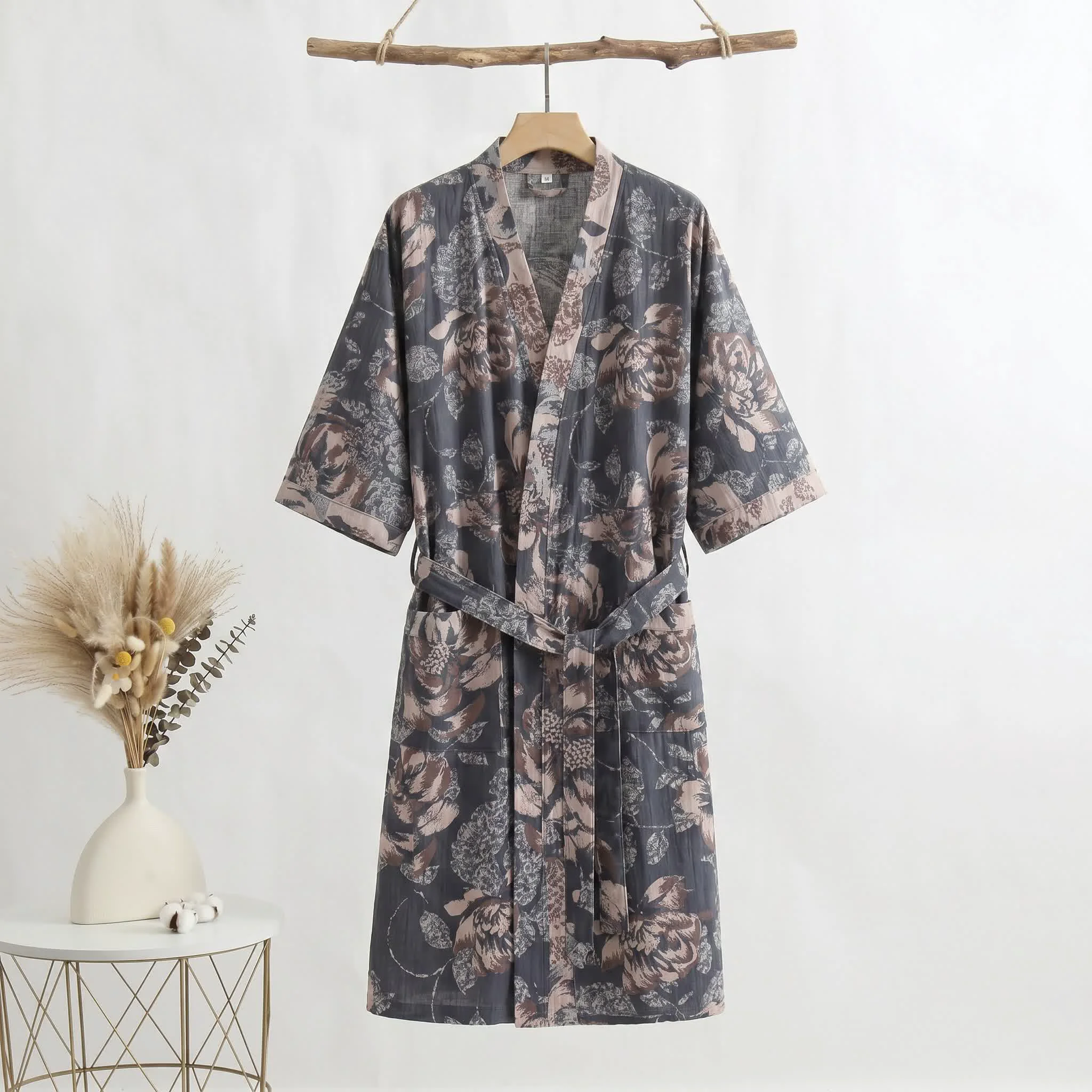 Healthy Ownkoti Floral Gauze Kimono Three-quarter Sleeve Bathrobe Excellent