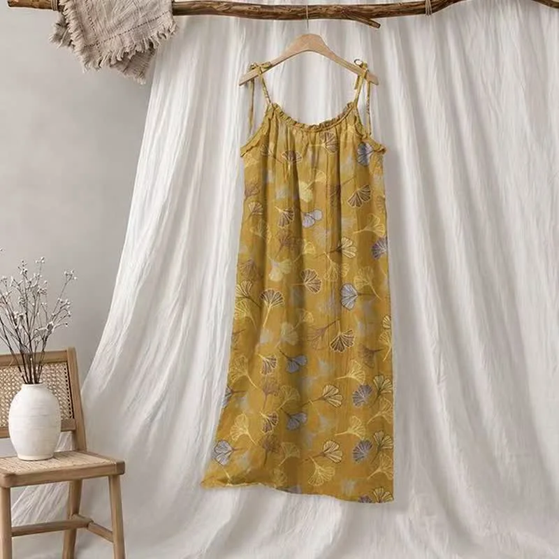 Versatile Ownkoti Ginkgo Leaf Tie Strap Lounge Nightgown Relaxed