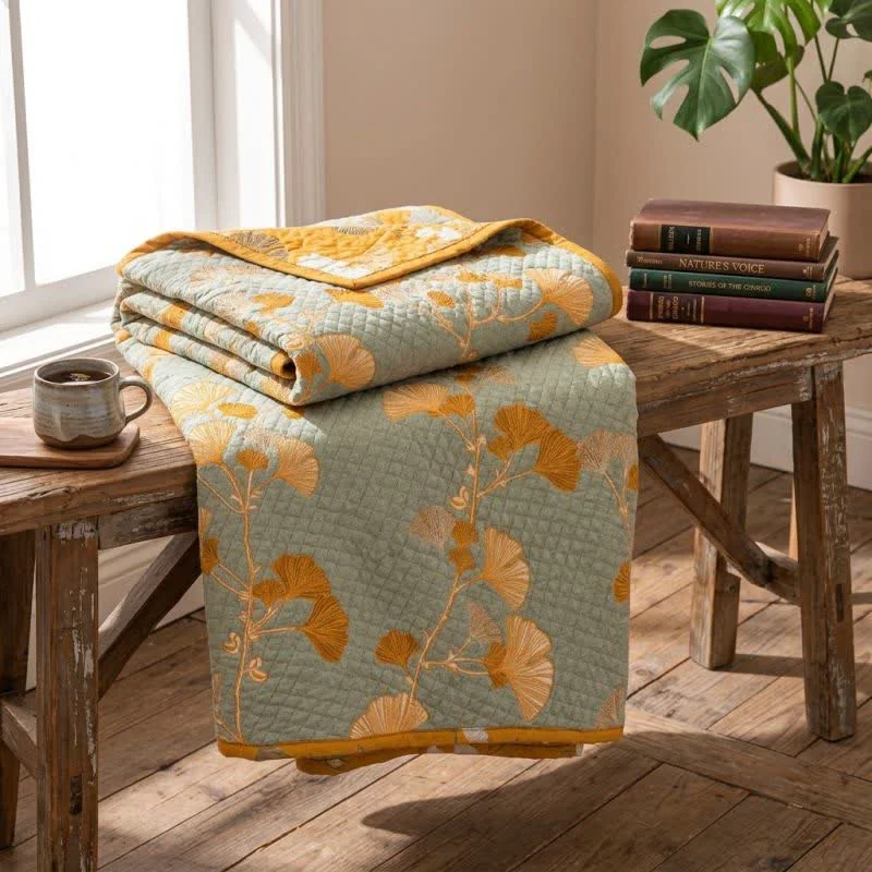 Outstanding Ownkoti Reversible Ginkgo Botanical Quilted Blanket Reusable