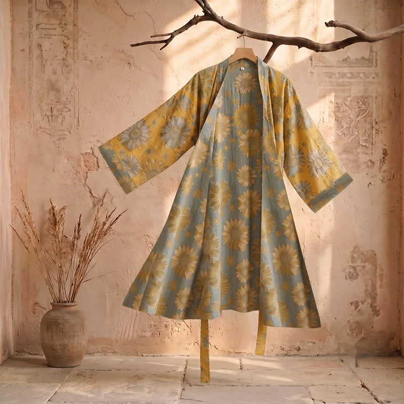 Optimized Ownkoti Vintage Sunflower Cotton Kimono Bathrobe Enhanced
