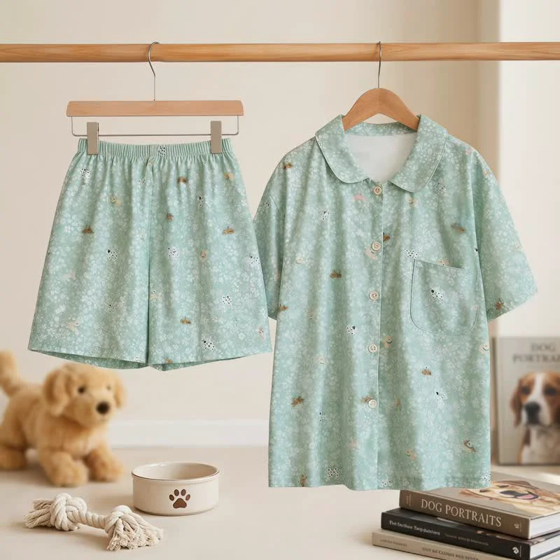 Classic Ownkoti All-Over Dog Print Double Gauze Loungewear Set Top-Quality