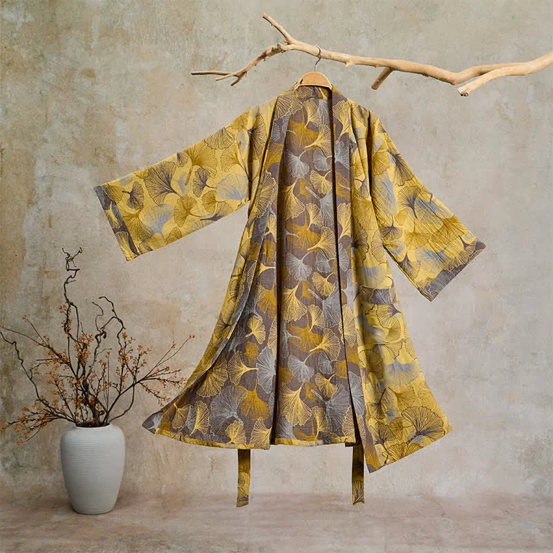 Flexible Ownkoti Vintage Ginkgo Leaf Cotton Double Gauze Robe Optimized