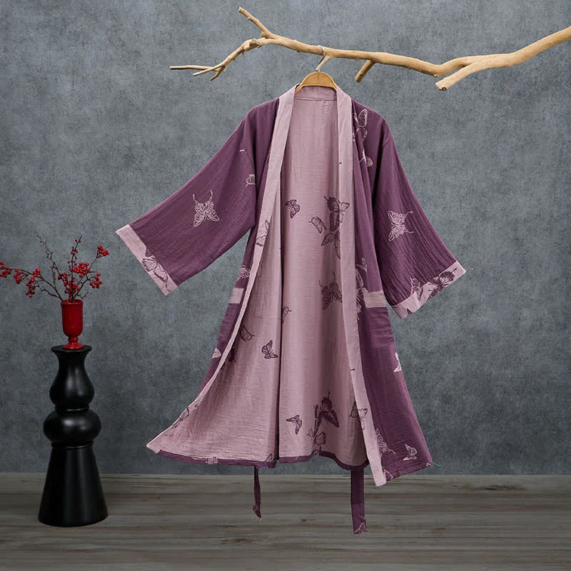 Practical Ownkoti Butterfly Cotton Double Gauze Kimono Robe Natural