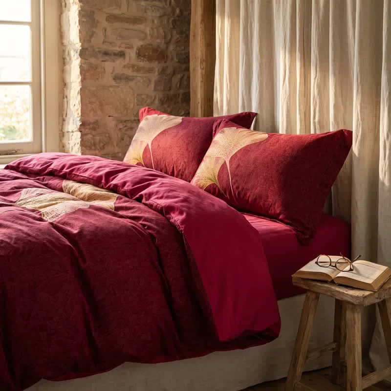 Pure Ownkoti Deep Red Ginkgo Leaf Cotton Bedding Set Easy-to-Use