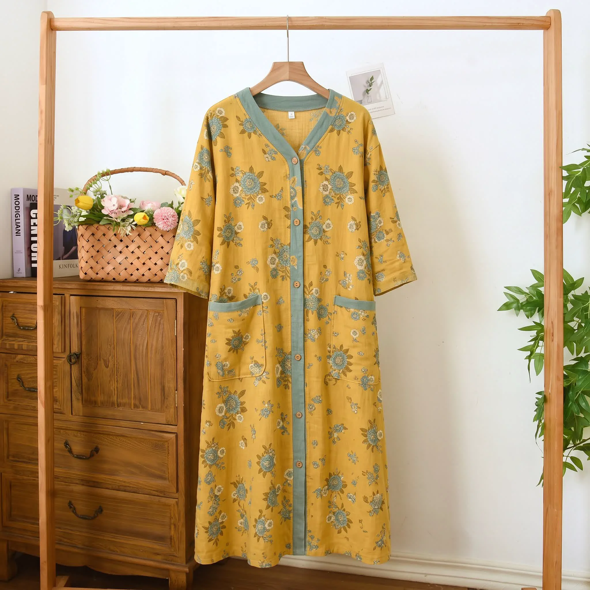 Secure Ownkoti Plus Size Floral Cotton Gauze Cardigan Nightgown Natural