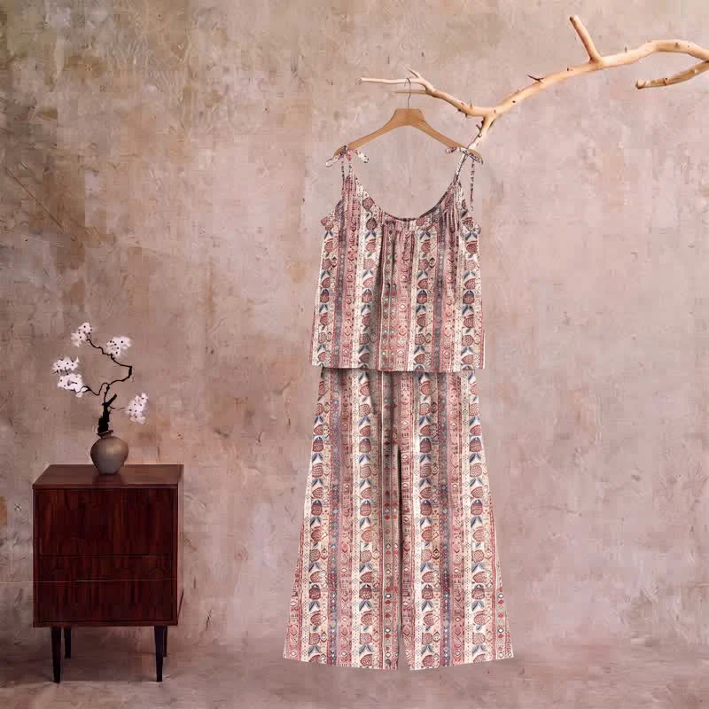 Casual Ownkoti Bohemian Floral Stripe Cami Loungewear Set High-Performance