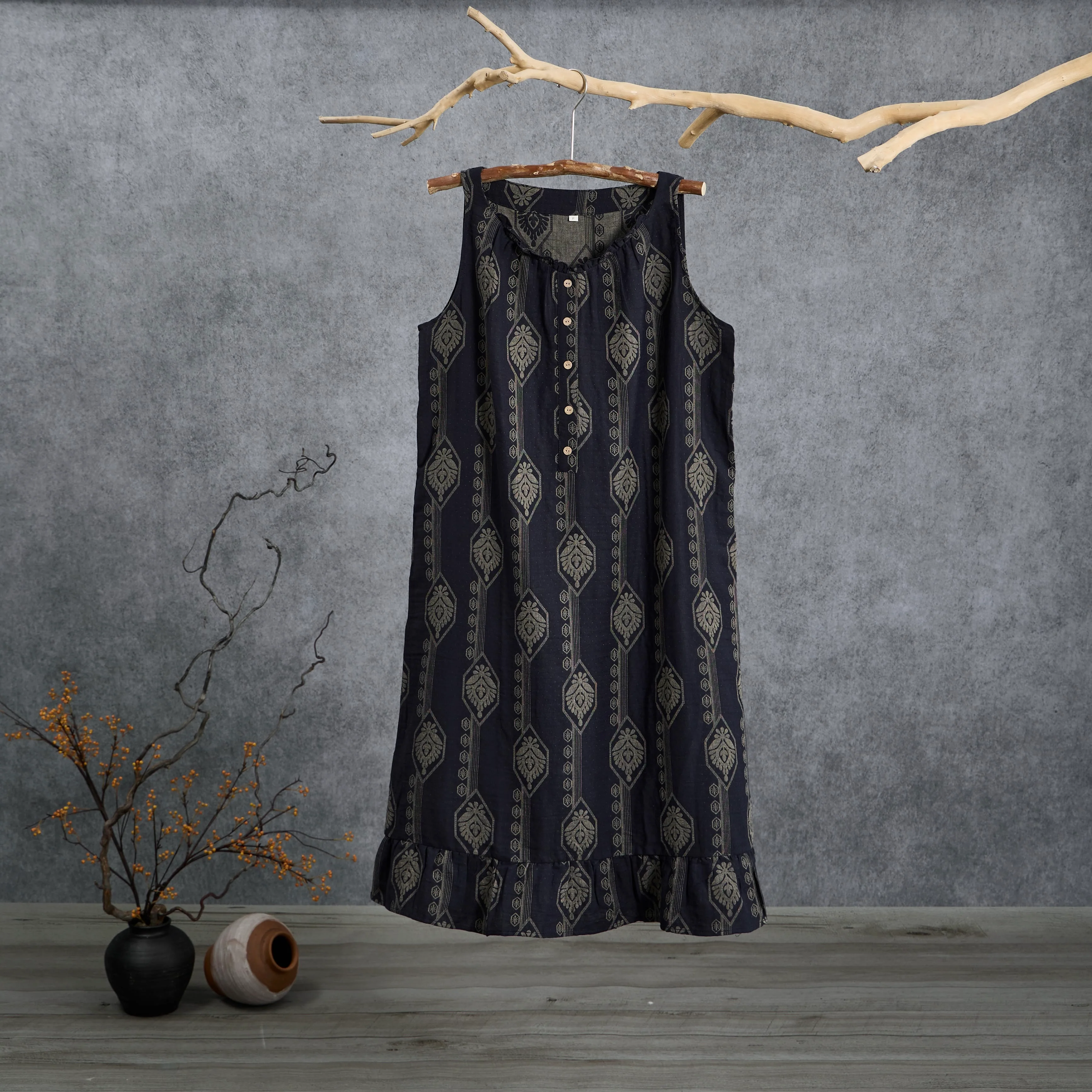 Expertly Made Ownkoti Vintage Navy Blue Geometric Cotton Nightdress Genuine
