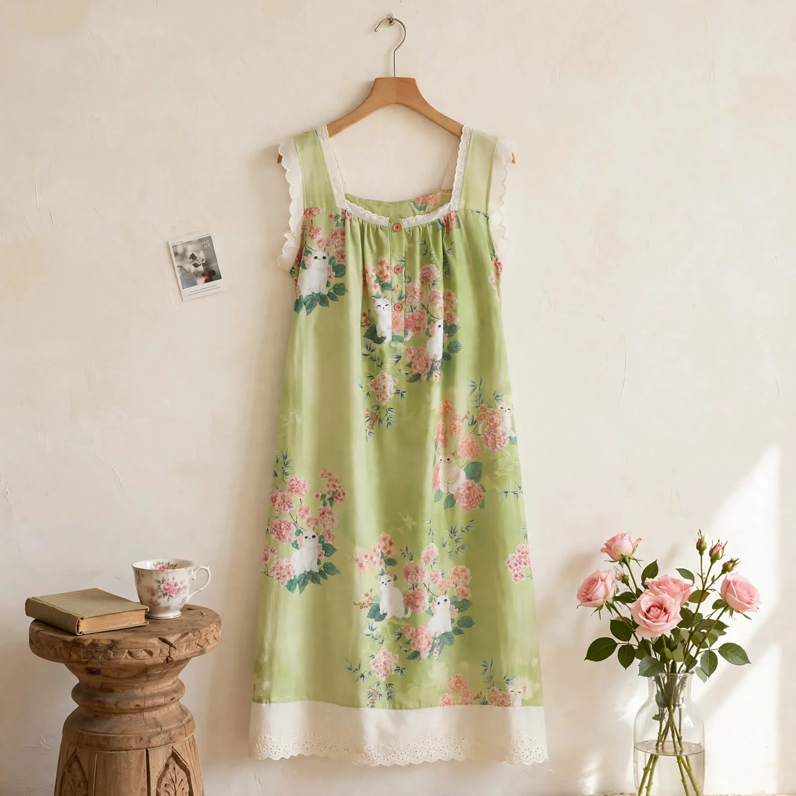 Modern Ownkoti Cat Floral Print Sleeveless Nightgown Reusable