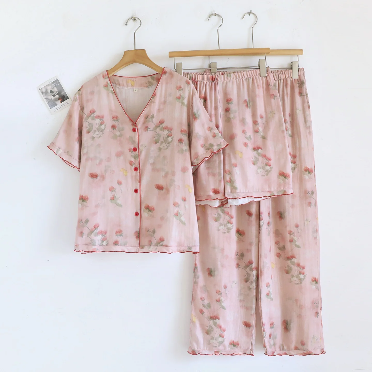 Fashionable Ownkoti Sweet Berry Print Gauze Loungewear Set（3pcs） Solid