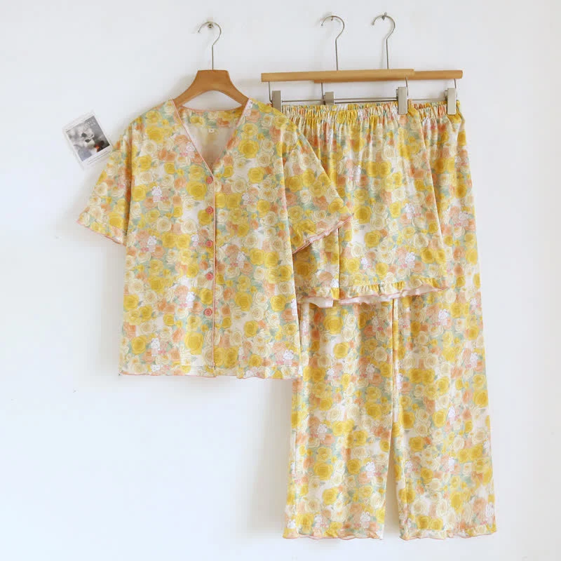 Genuine Ownkoti Yellow Rose Cotton 3pcs Loungewear Set Easy-to-Use