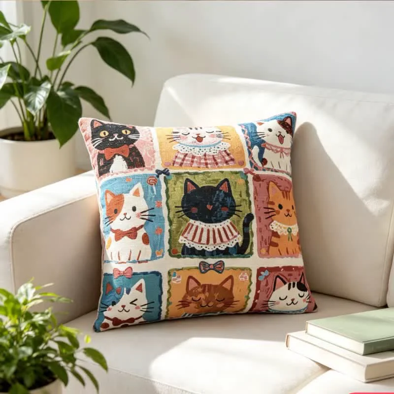 Secure Ownkoti Whimsical Multi‑Kitten Grid Illustration Cotton Pillow Exclusive