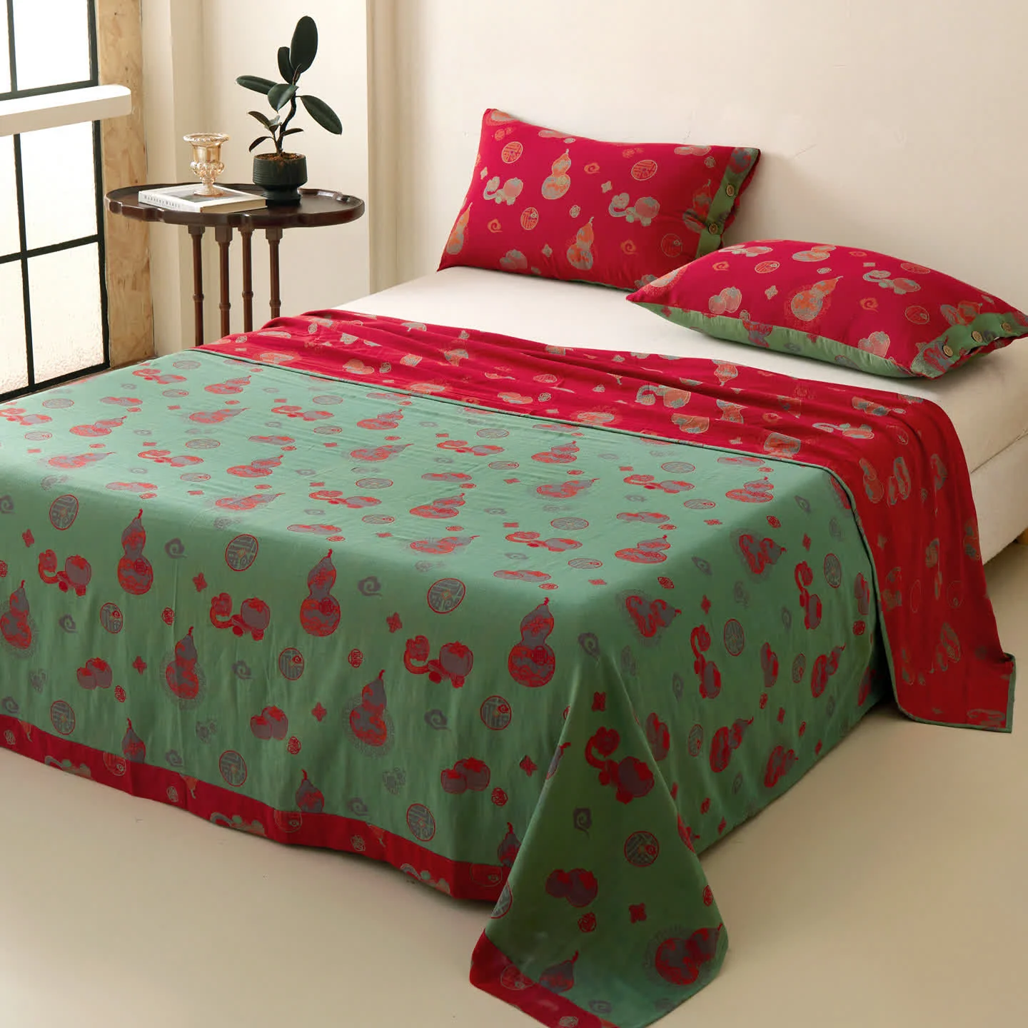 Comfortable Ownkoti Gourd Pattern Muslin Reversible Coverlet Bedspread Proven