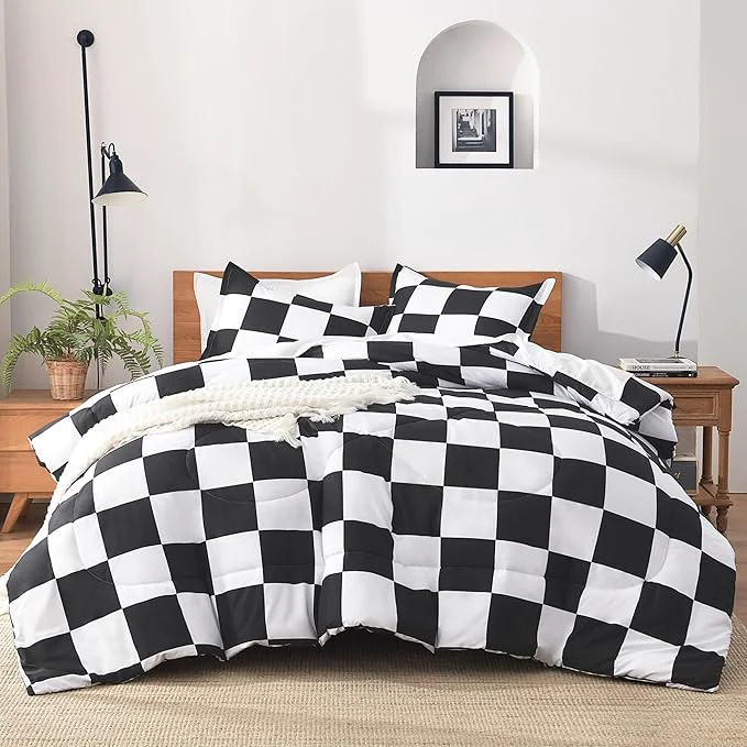 Healthy Andency Checkered Comforter Queen 90x90Inch Black White Plaid Gingham Bed Set for Teen Boys Kids Lightweight Polyester Geometric Preppy Bedding 3 Pieces Certified