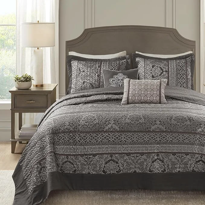 Easy-to-Use Madison Park Traditional Damask Design All Season Lightweight Coverlet Bedspread Bedding Set Matching Shams Pillows 120 quot x118 quot Bellagio Jacquard Grey 5 Piece Official