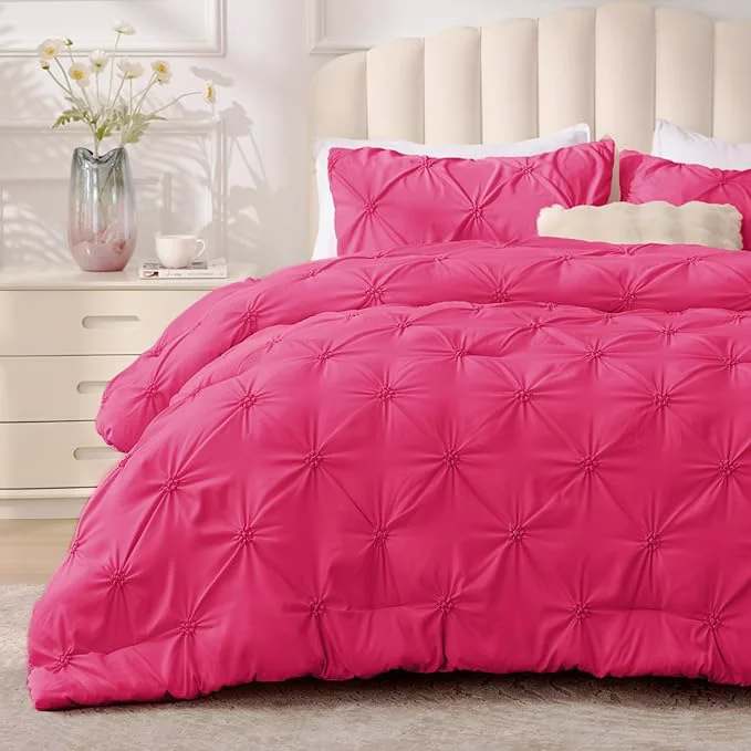 Unique BEDELITE Hot Pink Twin Comforter Set – 2 Peices Boho Pintuck Bedding Comforter Sets Lightweight Soft amp Warm Twin Bedding Sets with 1 Pillowcase for All Season First-Class