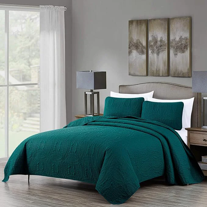Classic Chezmoi Collection Austin 3-Piece Oversized Bedspread Coverlet Set King Teal Oversized Lightweight Fade Resistant Top-Quality
