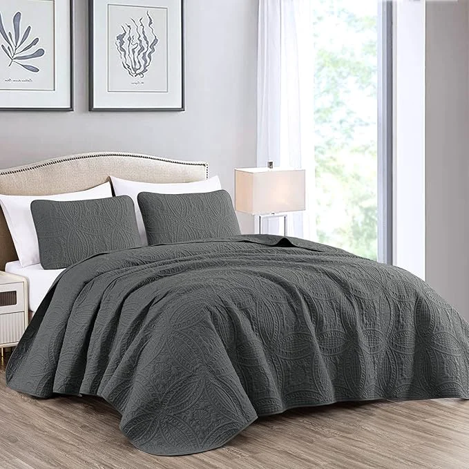 Premium Material Chezmoi Collection Austin 3-piece Oversized Bedspread Coverlet Set Queen Charcoal Oversized Lightweight Fade Resistant Versatile
