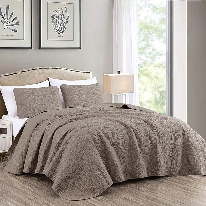 Premium Material Chezmoi Collection Austin 3-piece Oversized Bedspread Coverlet Set Queen Taupe Oversized Lightweight Fade Resistant Powerful