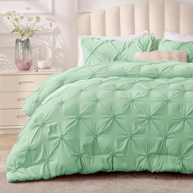 Fine BEDELITE Sage Green King Size Comforter Set – 3 Pieces Boho Pintuck Bedding Comforter Sets Lightweight Soft amp Warm King Bedding Set with 2 Pillowcases for All Season Luxury