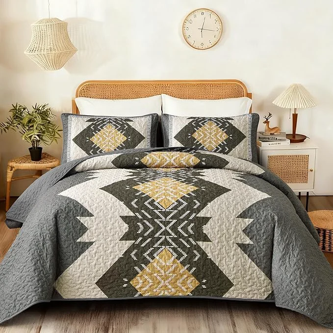 Fine Dintszyayue Boho Quilt Set King Size Grey Aztec Texture Bedspread Set 3 Pieces Texture Southwestern Gray Bedding Set Soft Lightweight Coverlet Set for All Season Bedding with 2 Pillowcases Organic