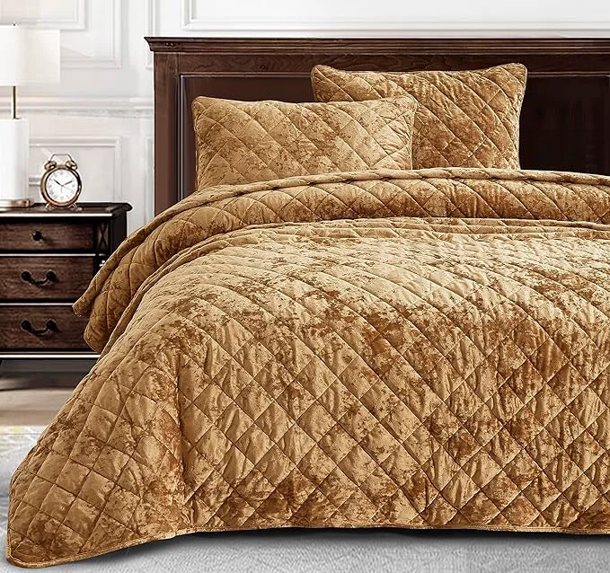 Organic Chezmoi Collection Lux Caramel Gold Velvet Quilt Queen Set 3-Piece Lush Plush Distressed Velvet Bedding All Season Lightweight Comforter Brushed Microfiber Reverse with Diamond Stitch Quilting Traditional
