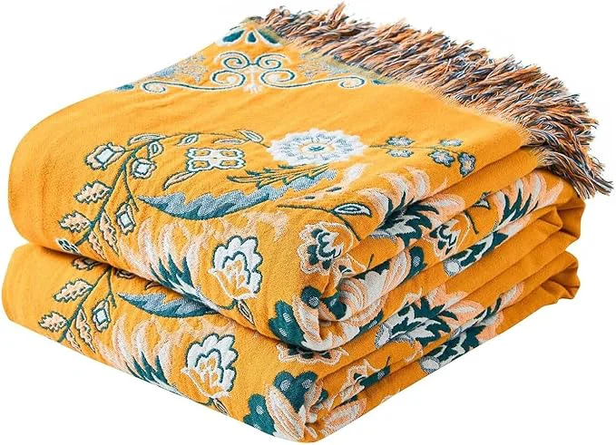 Outstanding Boho Throw Blanket Cotton Ultra Soft Luxury Throw Rustic Quilt Floral Printed Farmhouse Decor Bed Summer Blankets All Season Rustic Reversible Bohemian Throw for Bed 90 quot x98 quot Yellow Convenient