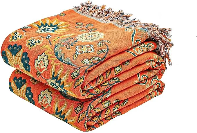Healthy Boho Throw Blanket Cotton Ultra Soft Luxury Throw Rustic Quilt 90 quot x98 quot Floral Printed Farmhouse Decor Bed Summer Blankets All Season Rustic Reversible Bohemian Throw for Bed – Orange Unique