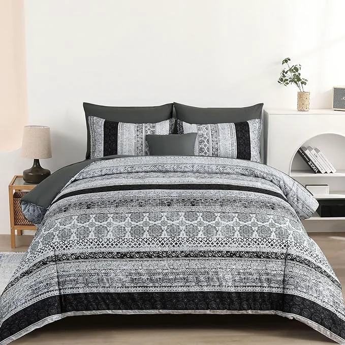 Lightweight Cottolester Boho King Size Comforter Set 8 Pieces Gray Bohemian Striped Bed in a Bag Floral Soft Microfiber Bedding Comforter Set Carefully Designed