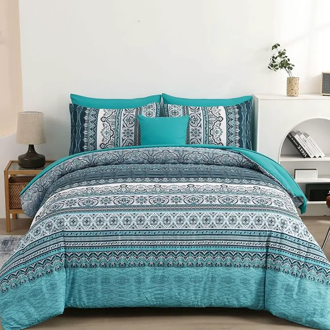 High-Grade Cottolester Boho Queen Comforter Set 8 Pieces Teal Comforter Bohemian Striped Bed in A Bag Soft Microfiber Bedding Set for All Seasons Flexible