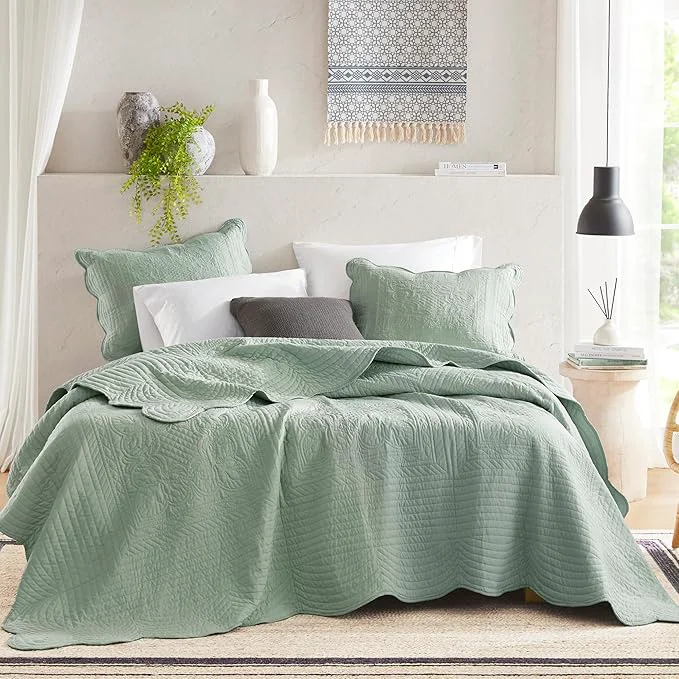 Safe Madison Park Queen Quilt Set Damask Coverlet Set for Queen Size Bed Cottage Oversized Quilt Scallop Edge All Season Pre-washed Cotton-Filled Queen Size Quilt Tuscany Full Queen Seafoam 3 Piece Premium Material