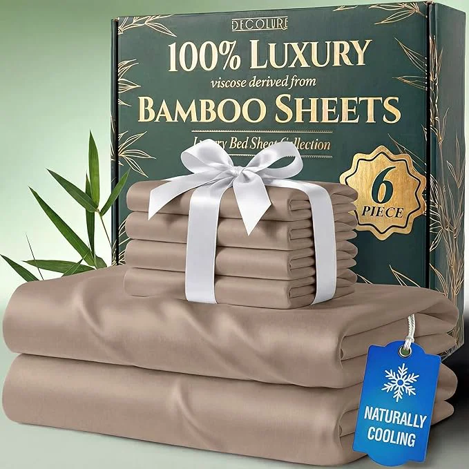 Lightweight DECOLURE Viscose Derived from Bamboo Sheets King Size – Luxury 6 Pc Naturally Cooling Sheets Ultra Soft Bed Set – Deep 17 quot Pockets Durable Double Stitching Oeko Tex Standard Taupe Premium Material