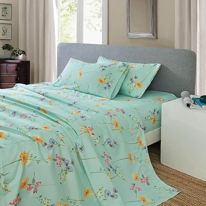 Sophisticated JSD Green Floral Printed Sheet Set Cal King 4 Piece Soft Botanical Microfiber Sheets Extra Deep Pocket Modern
