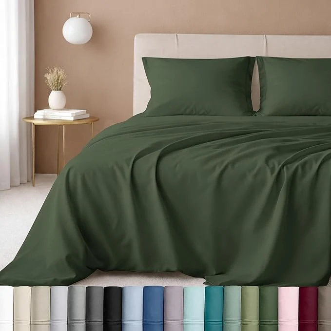 High-Quality California Design Den Full Size Bed Sheets Cotton Set – Luxury 600 Thread Count Cotton Sateen Full Size Bed Sheets Set with Deep Pockets – Dark Olive Green Premium Material