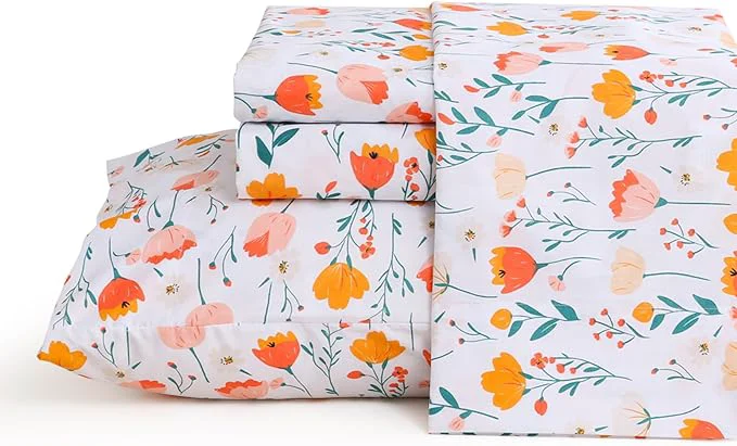 Soft JSD Tulip Floral Sheet Set Full Size 4 Piece Spring Printed Microfiber Bed Sheets Deep Pocket Breathable