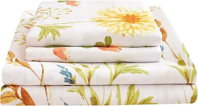 Consistent JSD Yellow Floral Printed Sheet Set Cal King 4 Piece Soft Botanical Microfiber Bedding Sheets Extra Deep Pocket Authentic