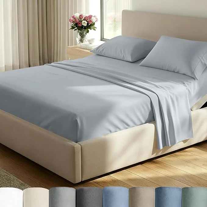 Clean California Design Den Split King Sheet Set – Cotton 600 Thread Count Breathable Luxury King Size Sheets for Adjustable Bed Luxury Hotel-Quality Sheets with Soft Sateen Weave – Light Grey Genuine