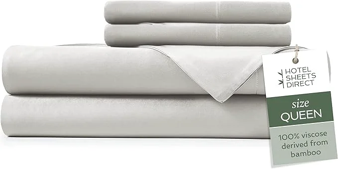 Prestigious Hotel Sheets Direct 4 Piece Bed Sheet Set Queen Size Viscose Derived from Bamboo Sheets Set with 2 Pillowcases Cooling amp Breathable Luxury Bedding Moisture-Wicking amp Silky Soft Light Gray High-End