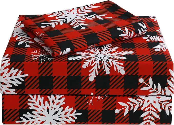 Crafted JSD Red Buffalo Plaid Snowflakes Sheet Set Twin Size 3 Piece Christmas Winter Microfiber Bedding Sheets Extra Deep Pocket Sustainable