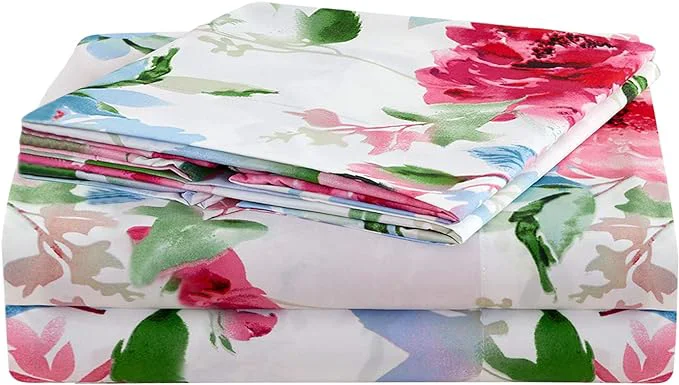 Crafted JSD Watercolor Rose Floral Sheet Set Queen Size 4 Piece Soft Printed Microfiber Sheets Extra Deep Pocket Quality
