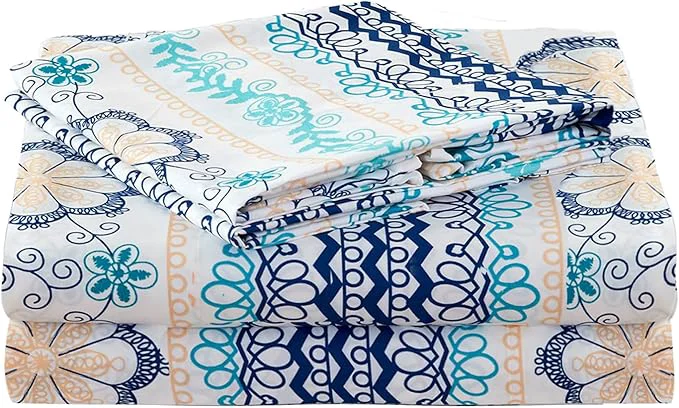 Advanced JSD Blue Boho Printed Sheet Set Full Size 4 Piece Soft Floral Microfiber Sheets Extra Deep Pocket Wrinkle Dependable