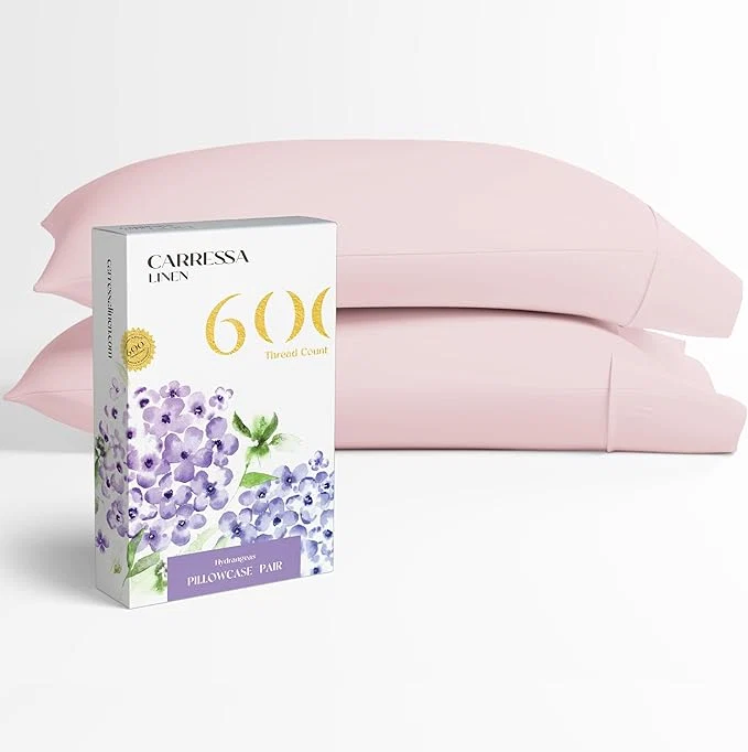 Premium Material Carressa Linen Egyptian Cotton Pillow Cases Queen Size Set of 2 – Luxury 600 Thread Count Blush Standard Queen Size Pillowcases Silky Soft Cooling Sateen Weave Hotel Quality Bed Pillow Cover Casual